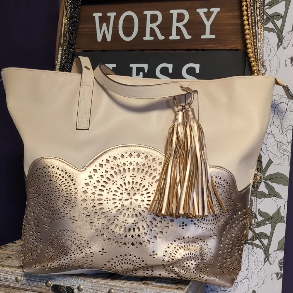 Classic Beige Tote with Rose Gold Metallic Accents - Picture 1 of 14